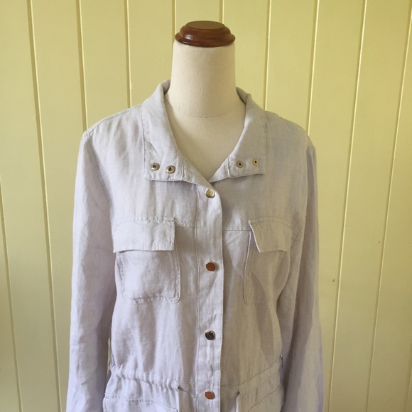 JONES NEW YORK linen womens L long line draw string jacket oatmeal gold tone NEW - Picture 3 of 16